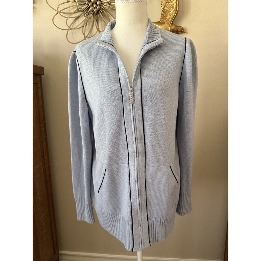 St John Sport S Blue Santana Knit Zip Cardigan Jacket Black Trim USA